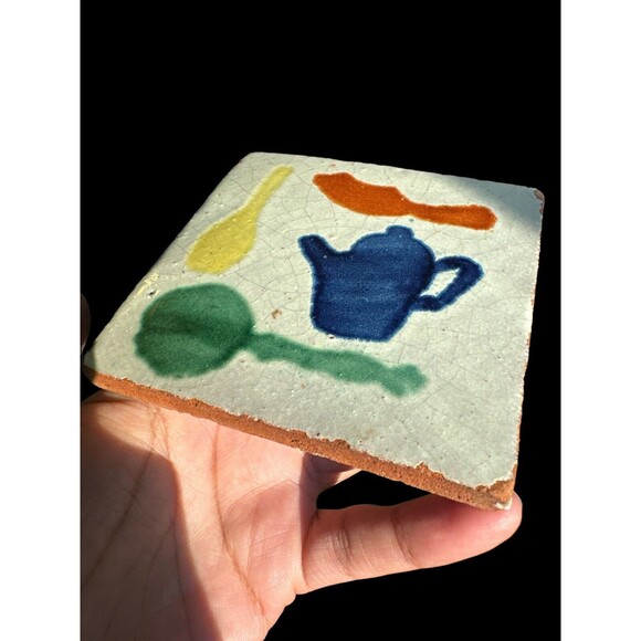 2 antique tile handpainted tiles Pumpkin Pitcher Kitchen Decor 4”x4” - Picture 9 of 15